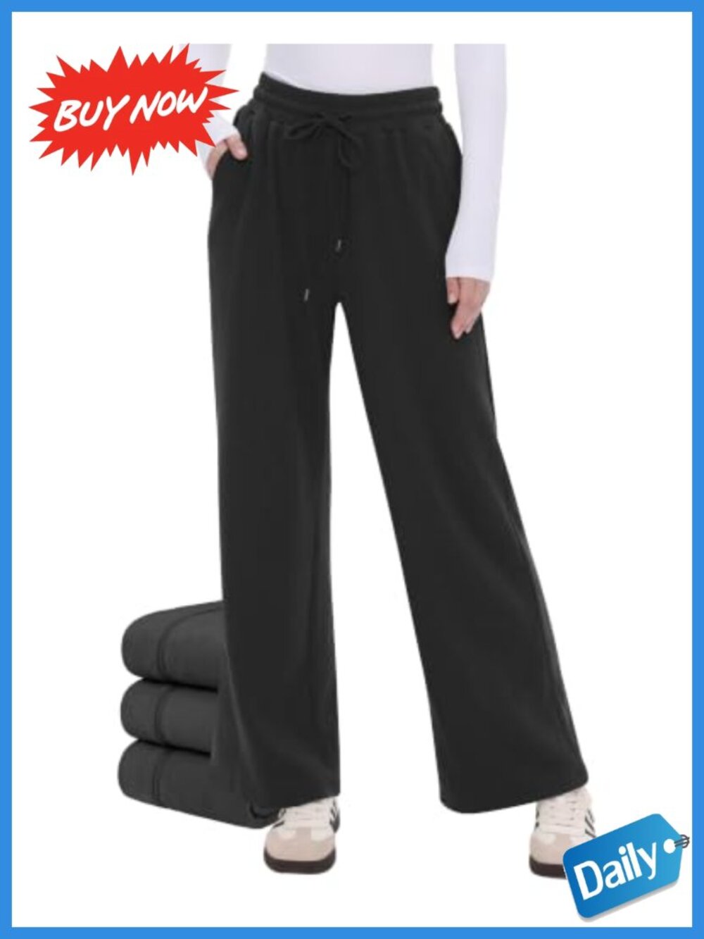 Fleece Lined Wide Leg Sweatpants Thermal High Waist Drawstring Pockets